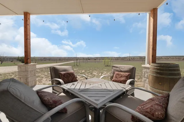 a balcony with furniture and city view