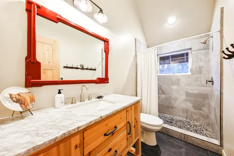 a bathroom with a sink a toilet and shower