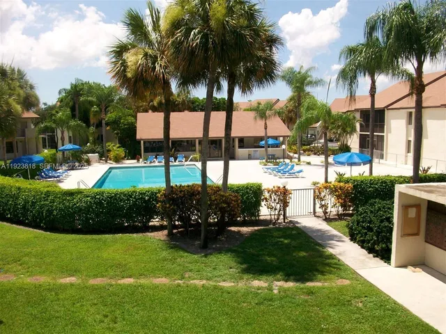 a view of a swimming pool with a garden