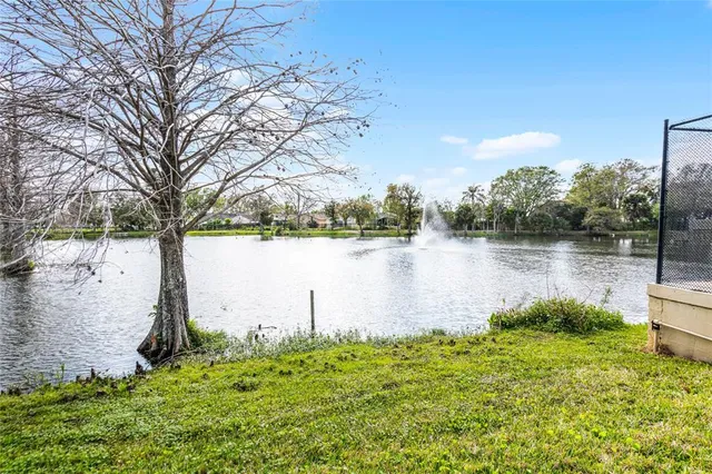 a backyard of a house with lots of green space and lake view