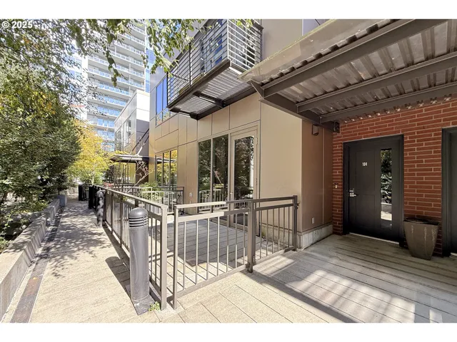 a view of a balcony with door