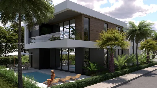 a view of a house with a yard and potted plants