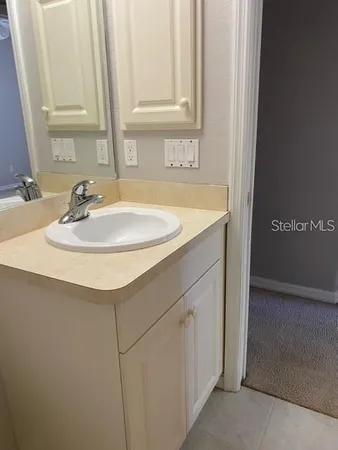 a bathroom with a sink and a mirror