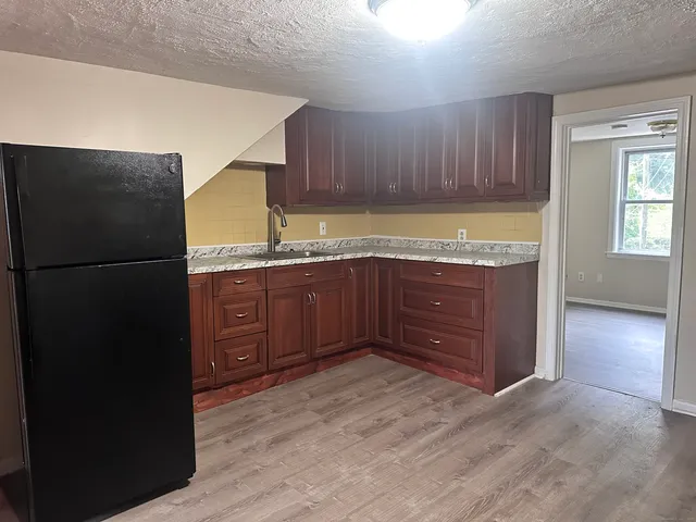 a kitchen with a refrigerator and a sink