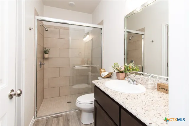 a bathroom with a granite countertop sink a toilet and shower