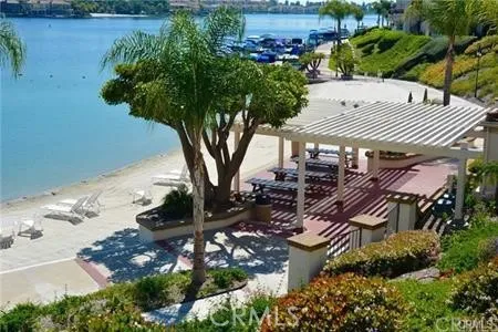 an outdoor space with seating space