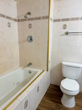 a bathroom with a bathtub and a toilet