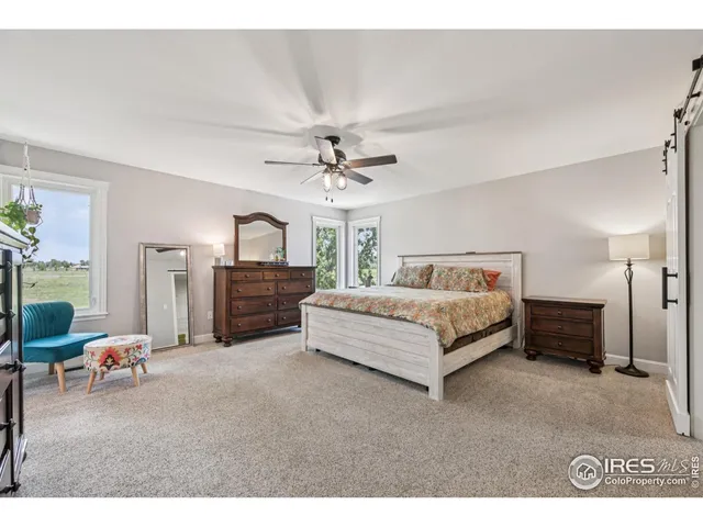 a spacious bedroom with a bed a dresser and potted plants