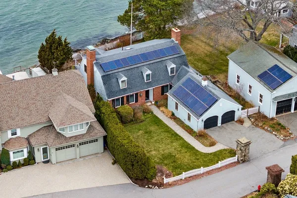 an aerial view of a house with swimming pool