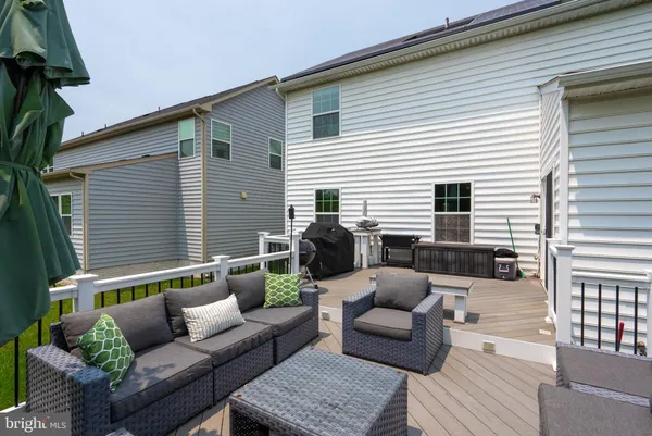 a view of a patio with couches and a potted plant on a table