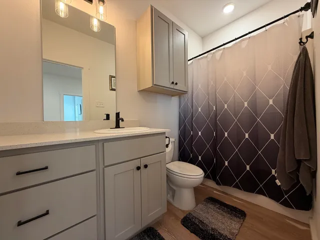 a bathroom with a sink toilet and shower