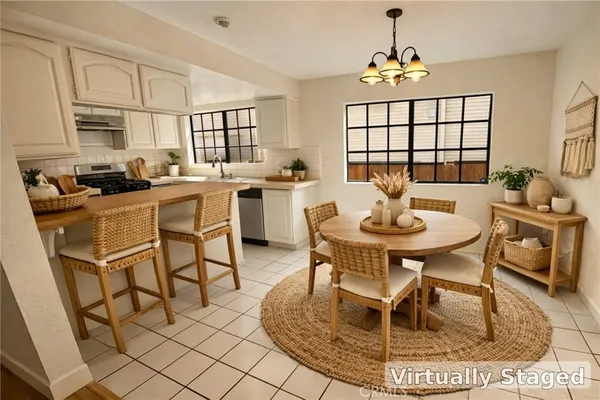 a view of a dining room with furniture