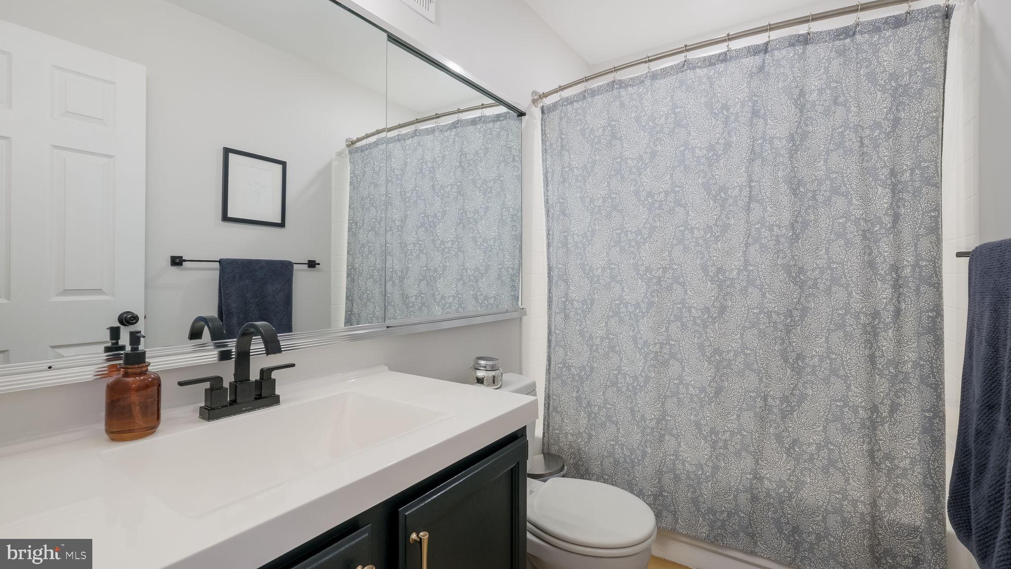 84 Trafalgar Road Doylestown, PA 18901 - Photo 38 of 50 a bathroom with a sink a toilet a mirror and shower curtain
