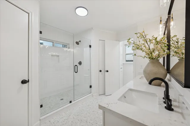 a bathroom with a sink and a shower