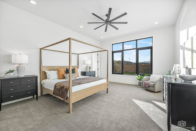 1468 South Red Cliffs Temple Lane St. George, UT 84790 - Photo 23 of 64 Bedroom with light carpet, ceiling fan, and recessed lighting