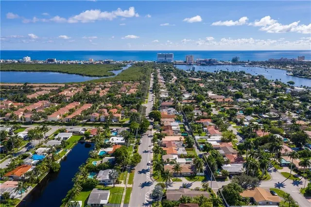 an aerial view of residential building and city