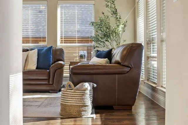 a living room with furniture and a potted plant