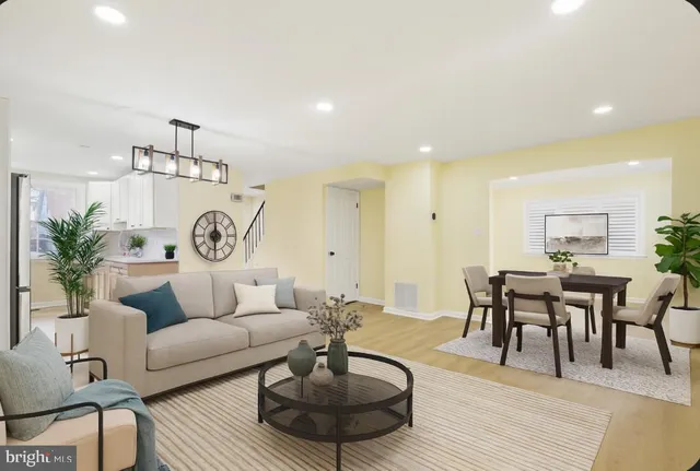 a living room with furniture a rug potted plant and a window