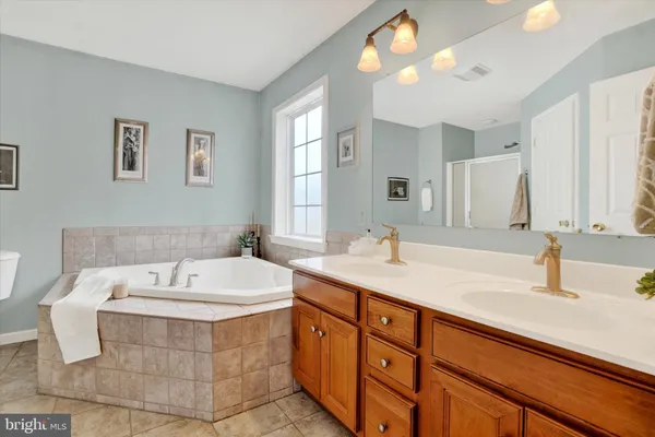a bathroom with a sink double vanity granite tub and a mirror