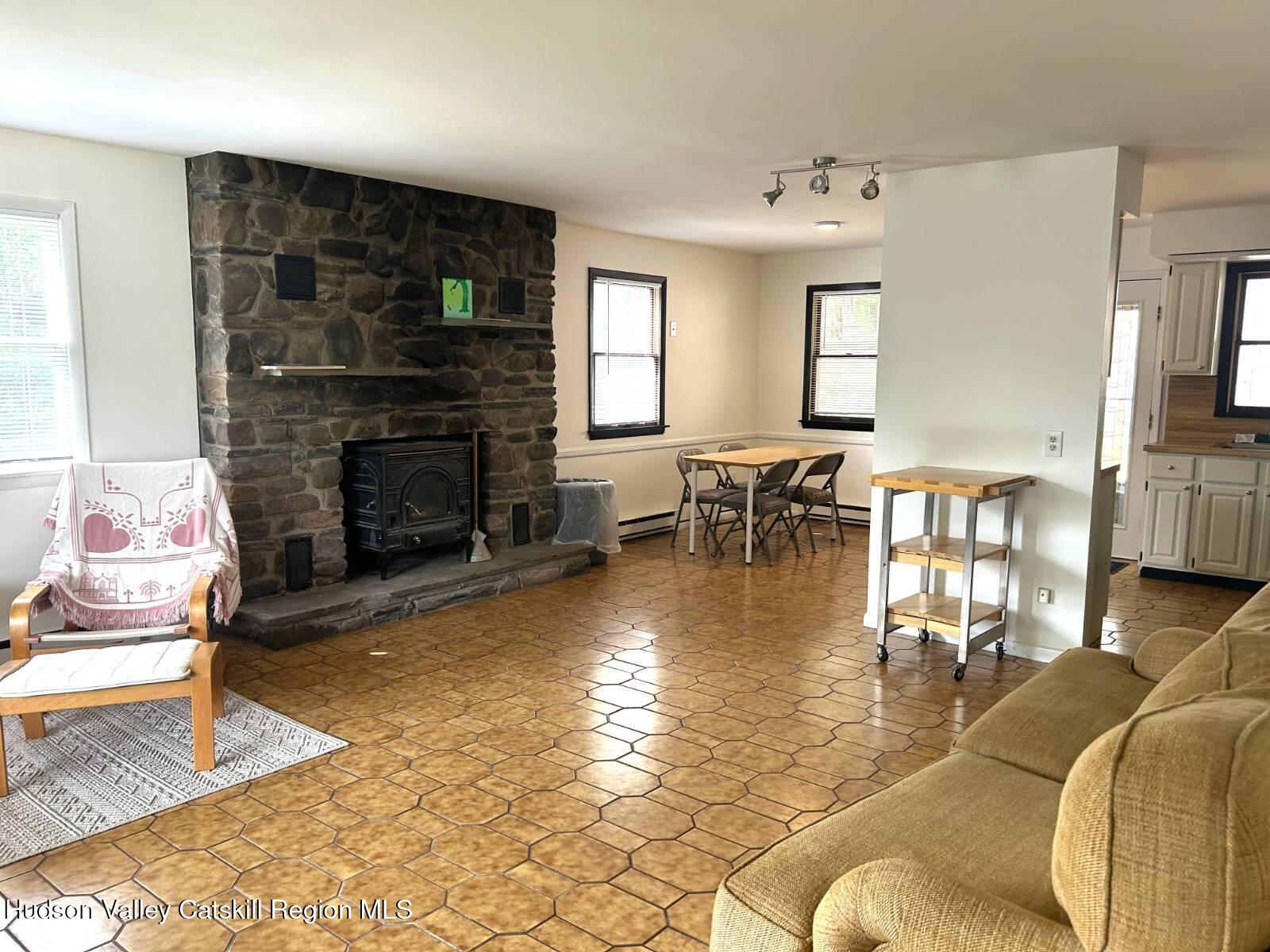 375 North Lake Road Haines Falls, NY 12436 - Photo 5 of 25 a living room with furniture a fireplace and a flat screen tv