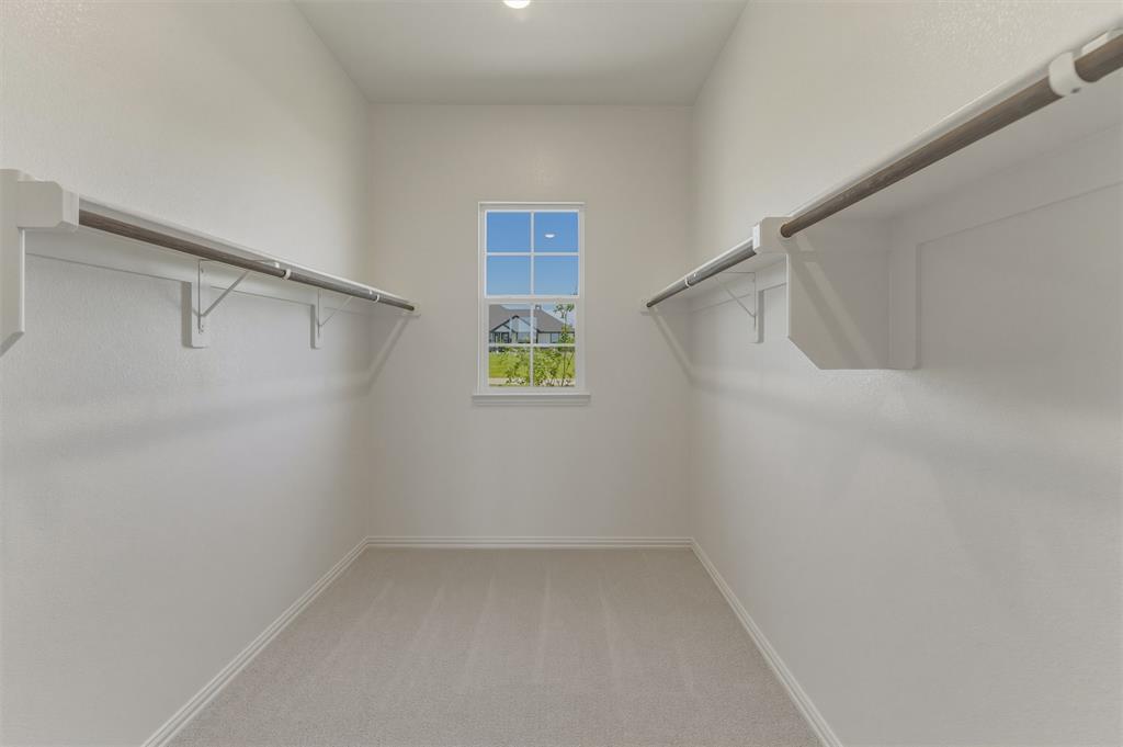 114 Hillview Trail Decatur, TX 76234 - Photo 16 of 27 Walk-in closet featuring light gray carpet, a centered window, and dual clothing rods with shelving