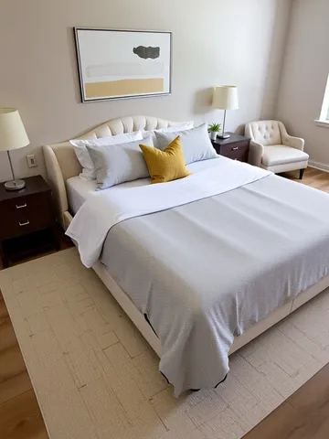 a bedroom with a bed and a painting on the wall