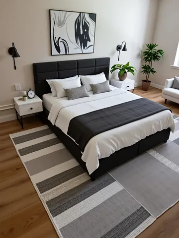 a bedroom with bed and a potted plant on it