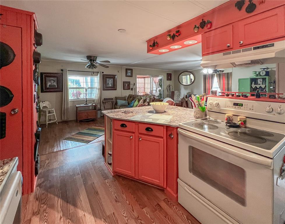 34543 Rosebud Row Zephyrhills, FL 33541 - Photo 11 of 41 a kitchen with a stove a sink and wooden floor