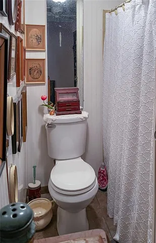 a white toilet sitting next to a shower curtain