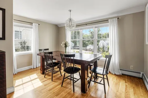 a view of a dining room with furniture window and outside view