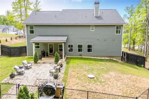 a view of a garden with plants and large trees