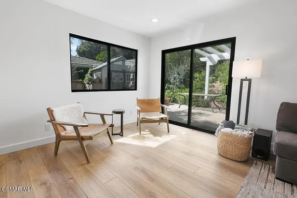 a living room with furniture and a floor to ceiling window