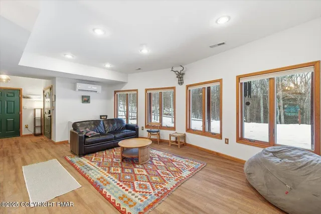 a living room with furniture and a rug
