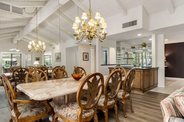 a view of a dining room with furniture