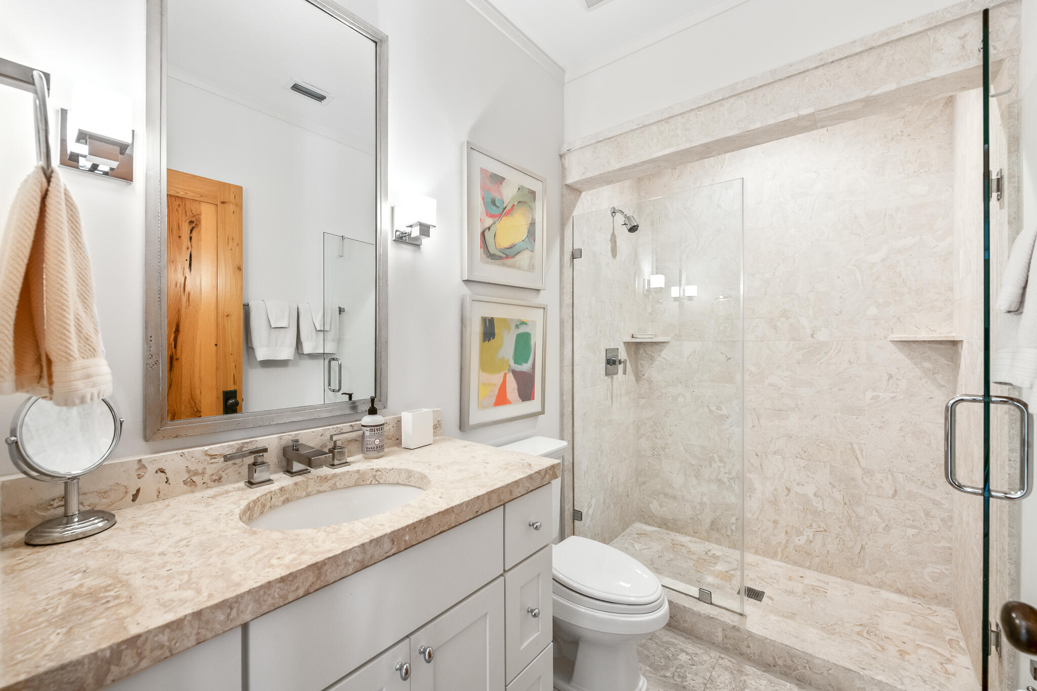 101 Charles Street Inlet Beach, FL 32461 - Photo 29 of 59 a bathroom with a granite countertop sink toilet and shower