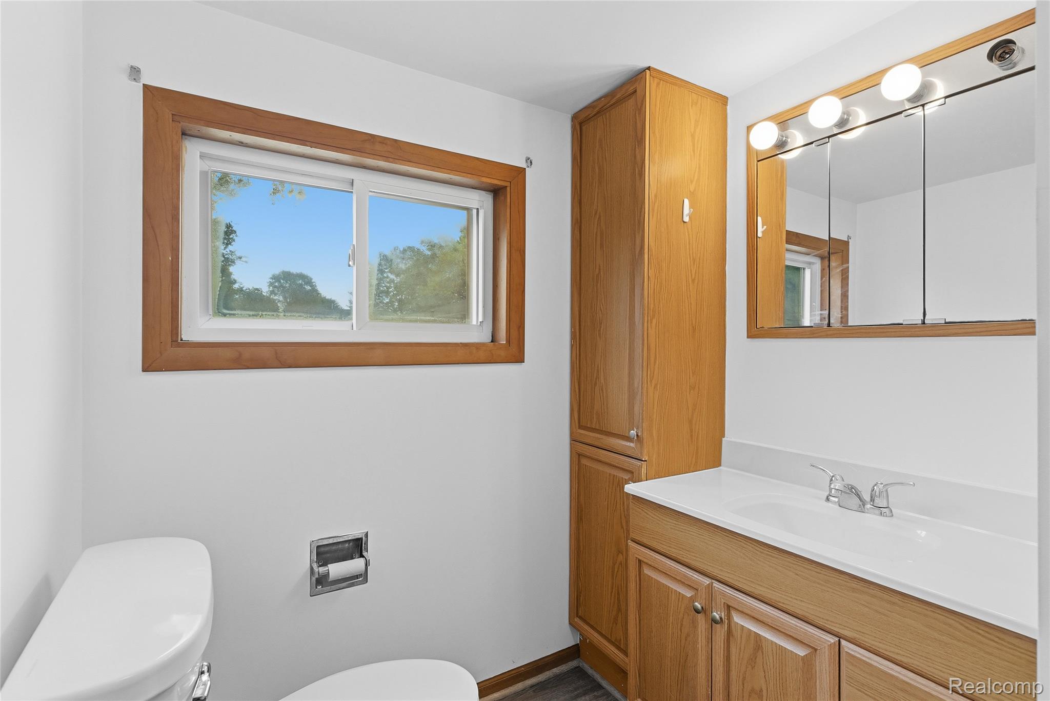 1843 Curtis Road Birch Run, MI 48415 - Photo 20 of 25 Bathroom featuring a window with wood trim, wood-finish vanity with an integrated sink, built-in medicine cabinet with vanity lighting, and a tall wood-finish storage cabinet