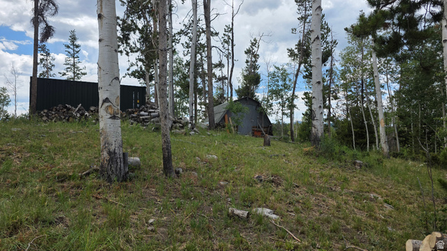 5782 Pineview Loop, Unit 921 Kamas, UT 84036 - Photo 28 of 29 Wooded hillside property featuring a metal-sided structure, a second structure with a dark roof, and mature trees