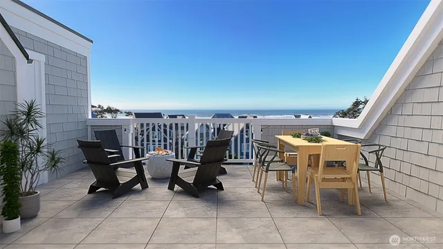 a view of an outside dining space with furniture