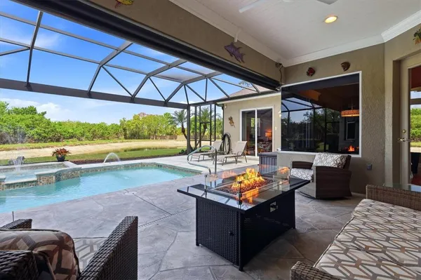 a outdoor space with patio furniture and garden view