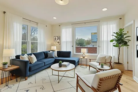 a living room with furniture potted plant and a window