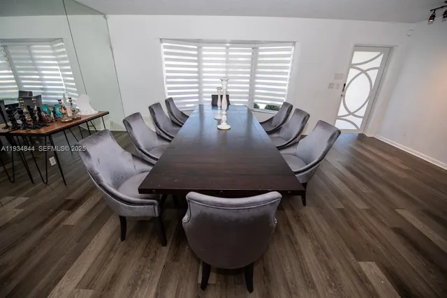 a view of a dining room with furniture window and wooden floor