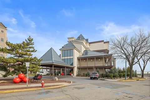 front view of a building with a street