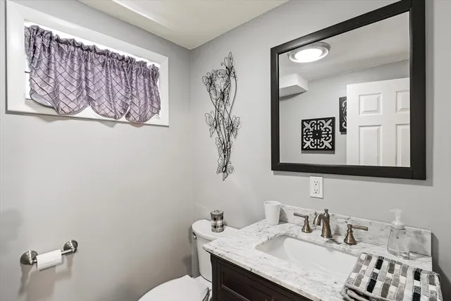 a bathroom with a sink vanity and a toilet