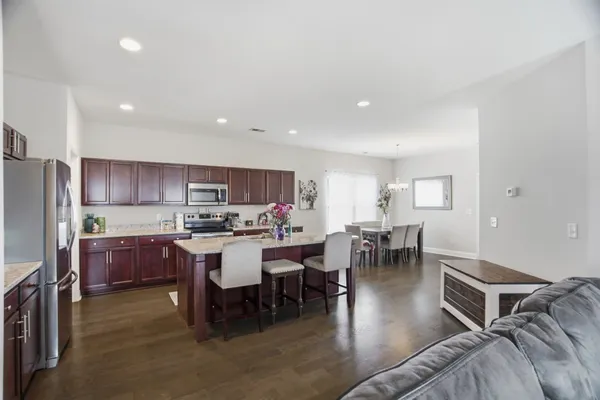 a view of a dining room with furniture