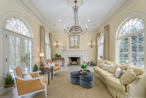 a view of kitchen and dining area with chandelier