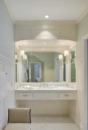 a bathroom with a granite countertop sink a large mirror and a shower