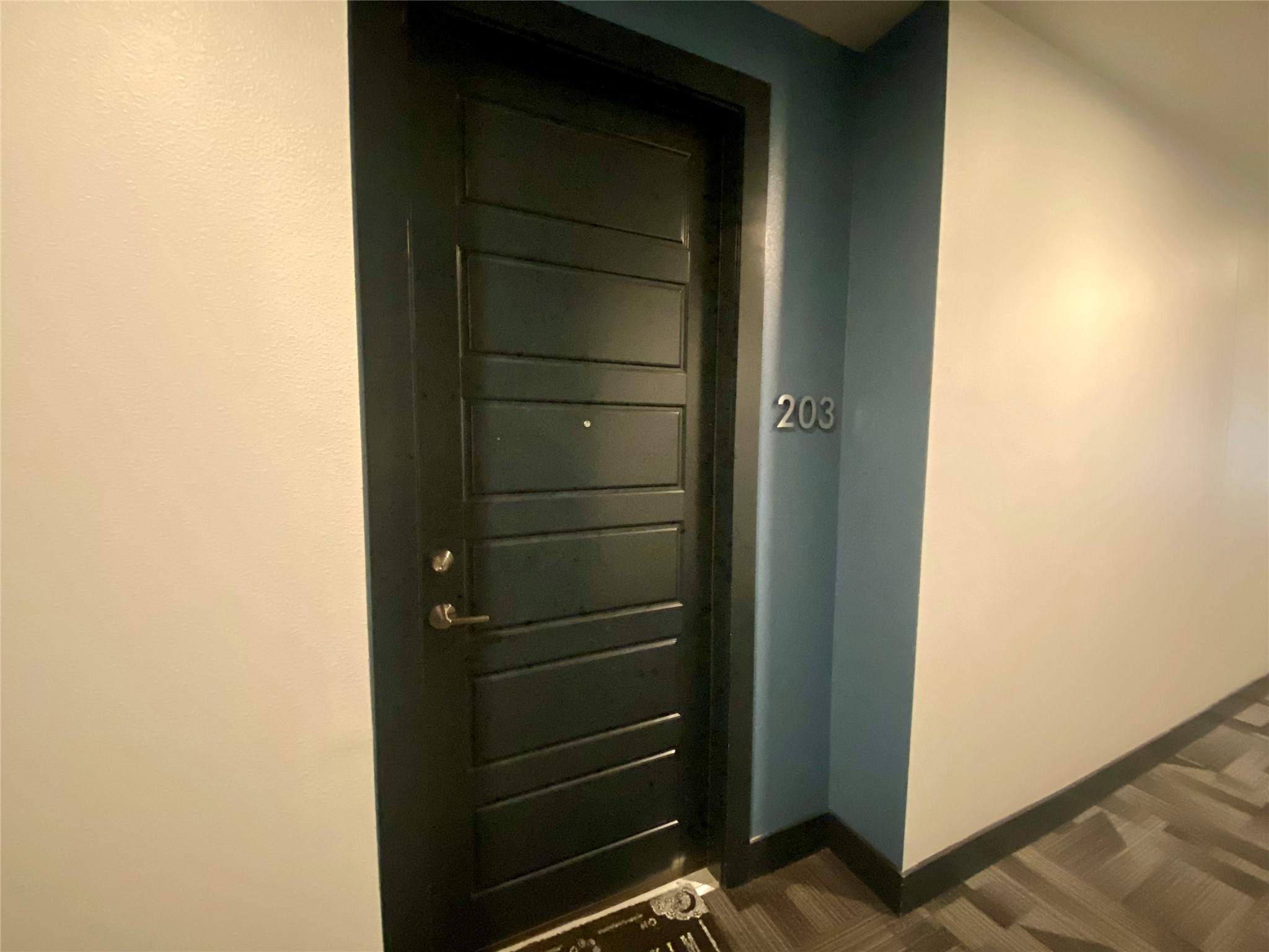6444 Burnet Road, Unit 203 Austin, TX 78757 - Photo 2 of 30 The property features a modern entry door with horizontal paneling and a satin nickel door handle, set within a hallway with contrasting wall colors and a patterned floor