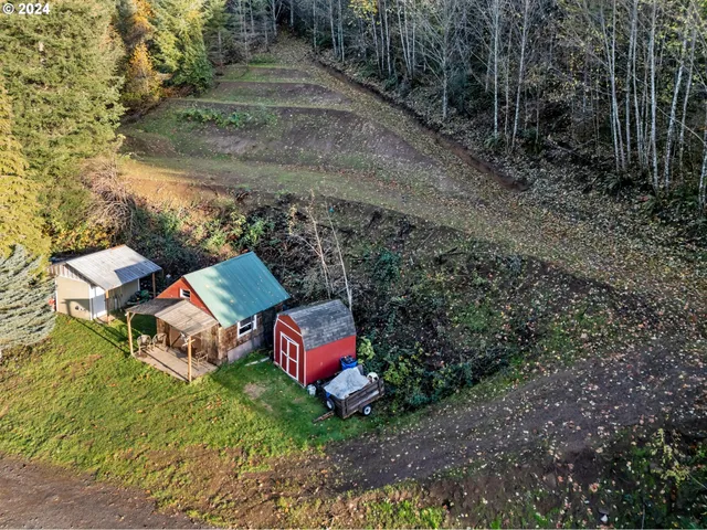 a view of a yard with wooden fence