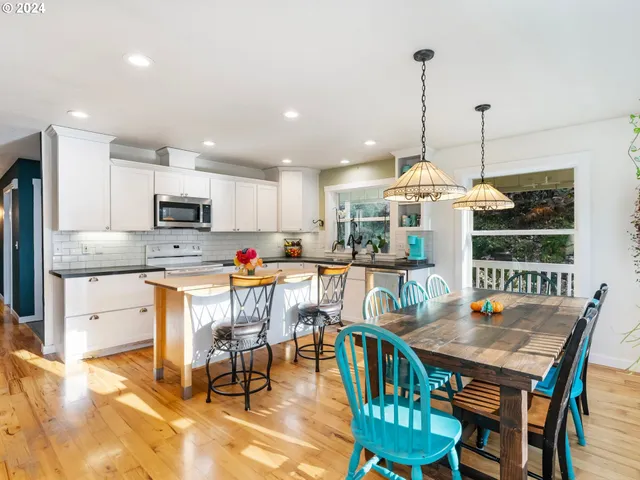 a view of a dining room with furniture window and outside view
