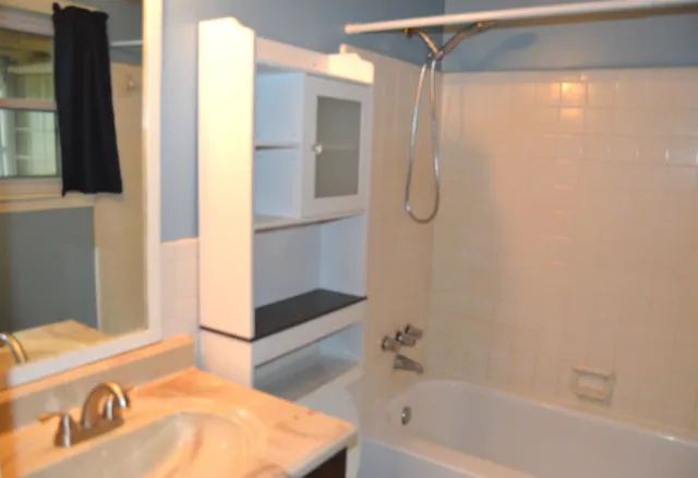 a bathroom with a bathtub and shower